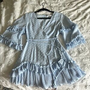 Blue Tiered Mini Dress with Bell Sleeves